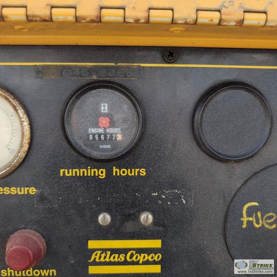 AIR COMPRESSOR, ATLAS COPCO XAS90, 185CFM, 4 CYLINDER JOHN DEERE DIESEL ENGINE, SINGLE AXLE TRAILER