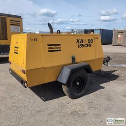 AIR COMPRESSOR, ATLAS COPCO XAS90, 185CFM, 4 CYLINDER JOHN DEERE DIESEL ENGINE, SINGLE AXLE TRAILER