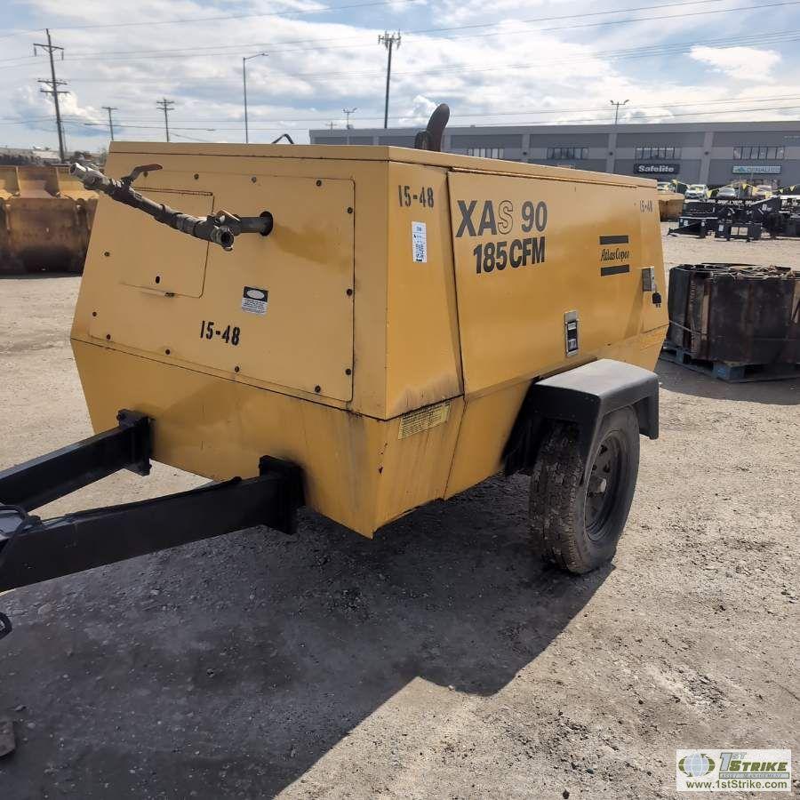 AIR COMPRESSOR, ATLAS COPCO XAS90, 185CFM, 4 CYLINDER JOHN DEERE DIESEL ENGINE, SINGLE AXLE TRAILER
