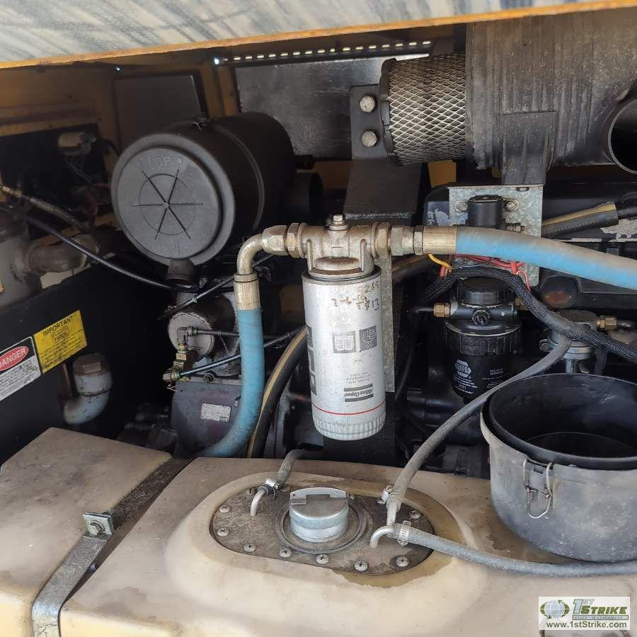 AIR COMPRESSOR, ATLAS COPCO XAS90, 185CFM, 4 CYLINDER JOHN DEERE DIESEL ENGINE, SINGLE AXLE TRAILER