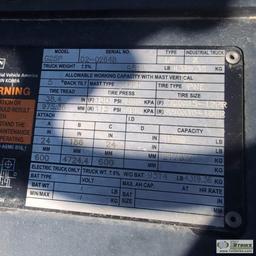 FORKLIFT, DAEWOO DOOSAN MODEL G25P, OROPS, 4800LB CAPACITY, 186IN LIFT HEIGHT, 4 CYLINDER LP ENGINE,