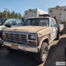 1985 FORD F-250, 6.9L DIESEL, 4-SPEED MANUAL TRANSMISSION, 4X4, EXTENDED CAB, 8.5FT FLATBED WITH GOO