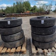 8 EACH. HEAVY TRUCK OR TRAILER TIRES, 255/70R22.5, BRIDGESTONE R 250 ED, WITH WHEELS
