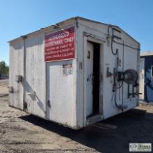 FUEL PUMP SHACK, APPROX 12FT 5IN WIDE X 12FT 2IN LONG X 10FT 6IN HIGH AT PEAK, APPROX 15FT LONG SKID