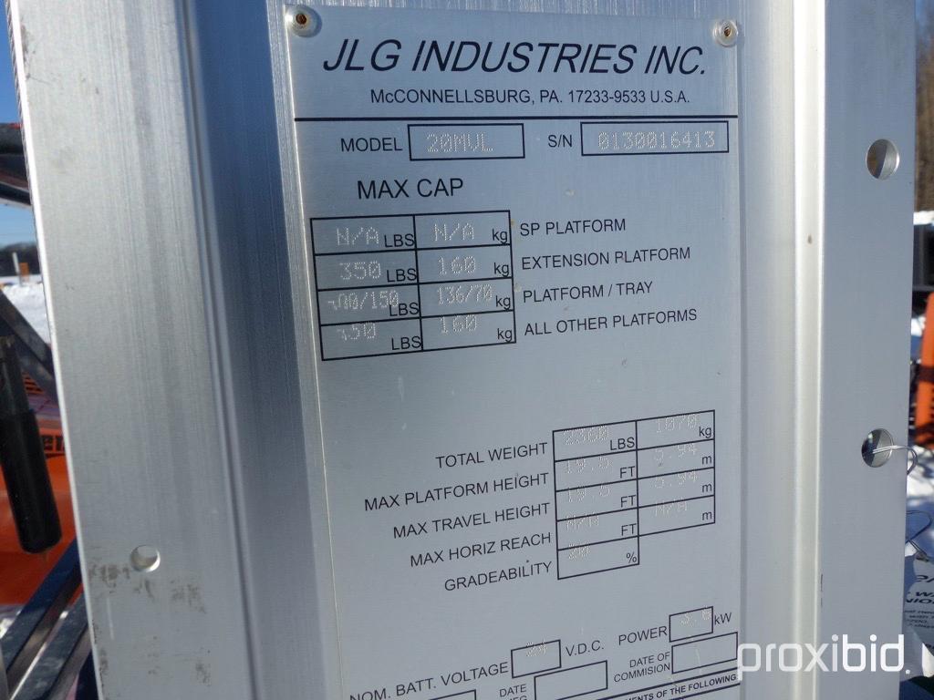 2011 JLG 20MVL SCISSOR LIFT SN0130016413 electric powered, equipped with 20ft. Platform height, 91 h