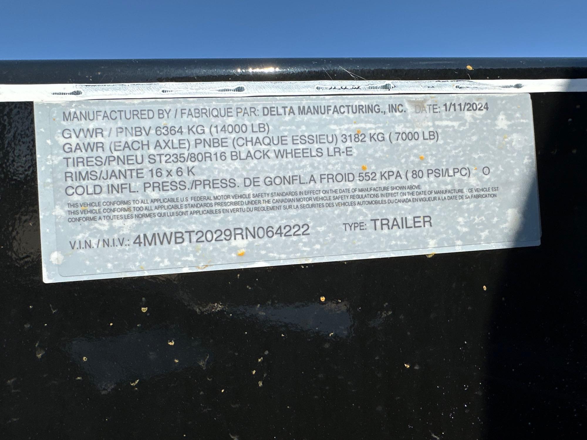 NEW 2024 DELTA 27TB 20FT. TAGALONG TRAILER VIN: 064222 equipped with 16ft. Tilt deck, 4ft. Fixed