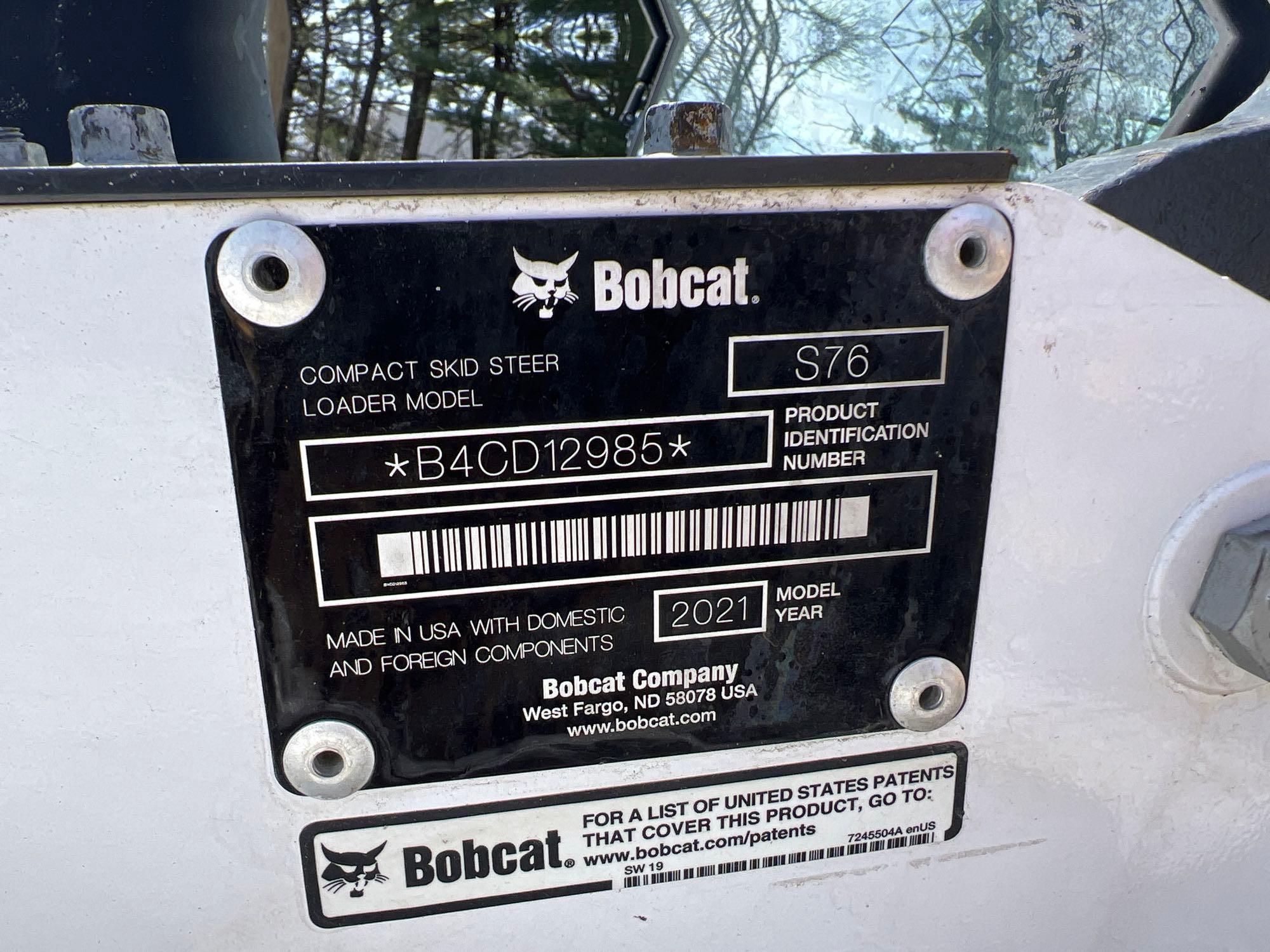 2021 BOBCAT S76 SKID STEER SN:B4CD12985 powered by diesel engine, 74hp, equipped with EROPS, air,