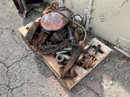 PALLET WITH: CM 1/4 TON ELECTRIC CHAIN HOIST; HARRINGTON CHAIN HOIST; MISC SUPPORT EQUIPMENT