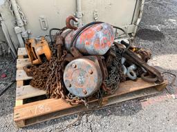 PALLET WITH: CM 1/4 TON ELECTRIC CHAIN HOIST; HARRINGTON CHAIN HOIST; MISC SUPPORT EQUIPMENT