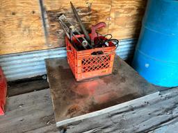 STAINLESS STEEL SHOP CART WITH A CRATE OF MISC TOOLS SUPPORT EQUIPMENT