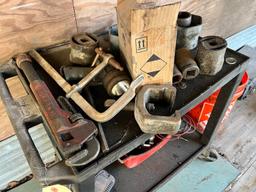 SHOP CART WITH ASST'D SOCKETS, PULLER, PIPE WRENCH SUPPORT EQUIPMENT