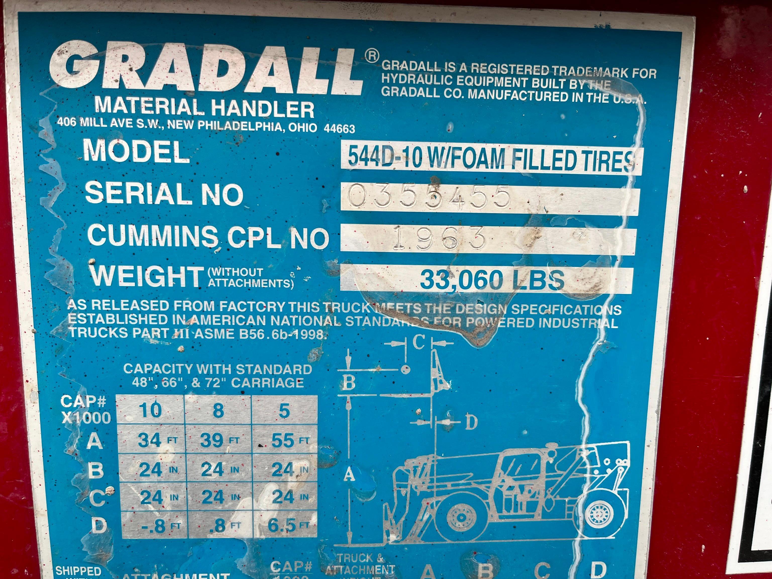 GRADALL 544D-10 TELESCOPIC FORKLIFT SN:355455 4x4, powered by diesel engine, equipped with EROPS,