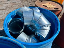 MISC 55 GALLON DRUMS WITH MISC PIPE, PUMP HOSE, DUCT FITTINGS SUPPORT EQUIPMENT