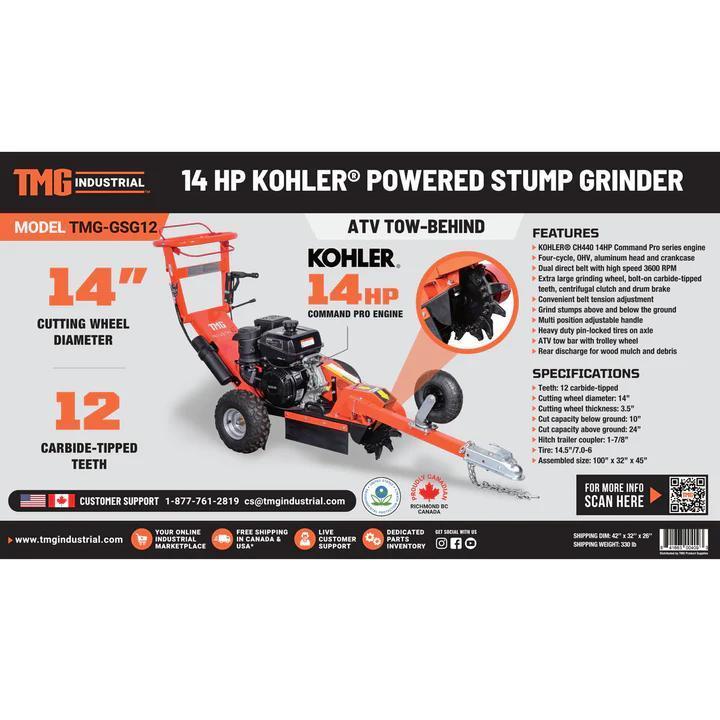 NEW SUPPORT EQUIPMENT NEW TMG Industrial Walk Behind Kohler Powered Stump Grinder, ATV/UTV Tow Bar,