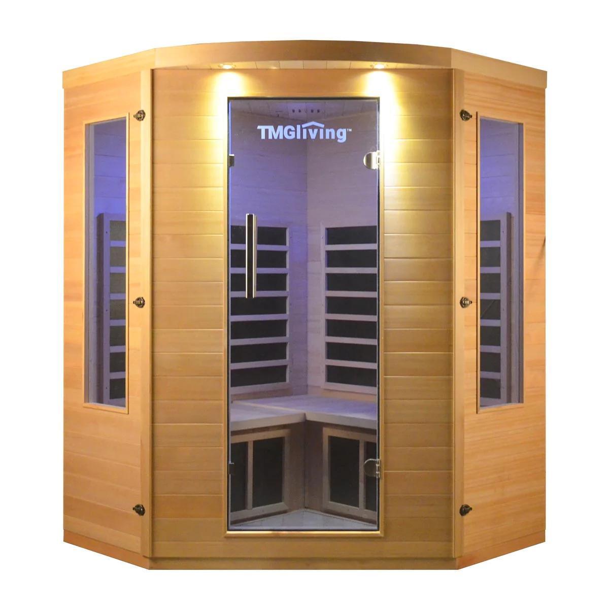 NEW SUPPORT EQUIPMENT NEW TMG LIVING Three Person Corner Indoor Infrared Sauna Room, Natural