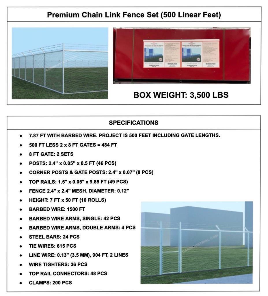 NEW SUPPORT EQUIPMENT NEW Premium Chain Link Fence 500 linear feet equipped with (2x) 8' gates, barb