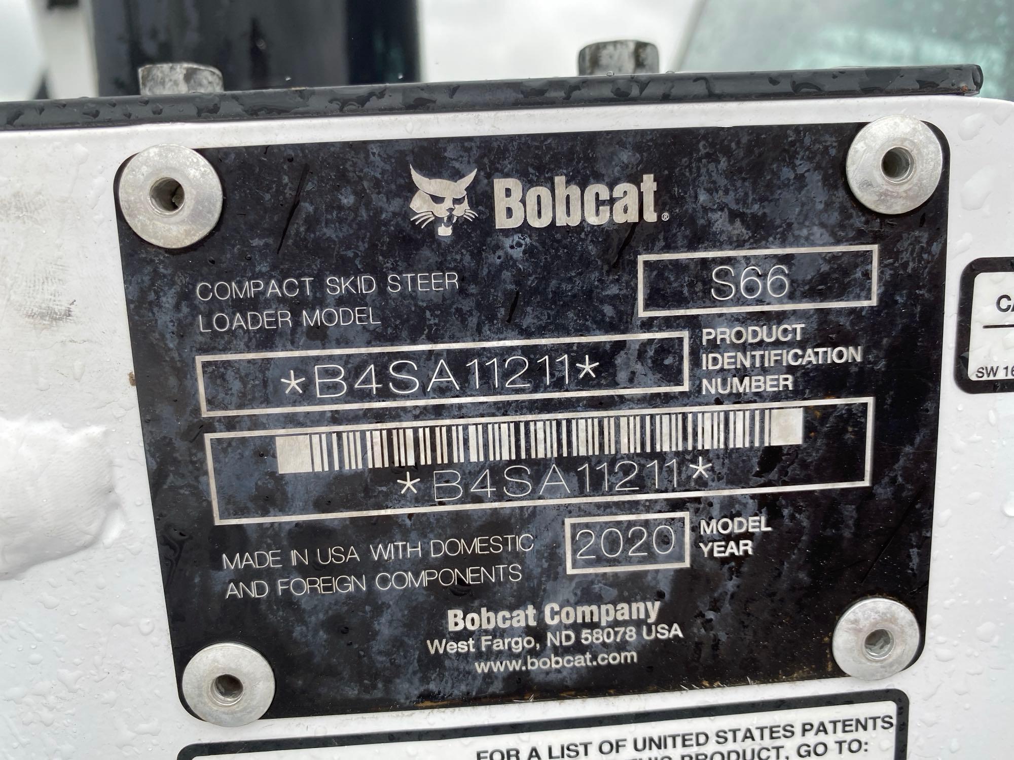 2020 BOBCAT S66 SKID STEER SN:B4SA11211 powered by diesel engine, equipped with EROPS, air, heat,