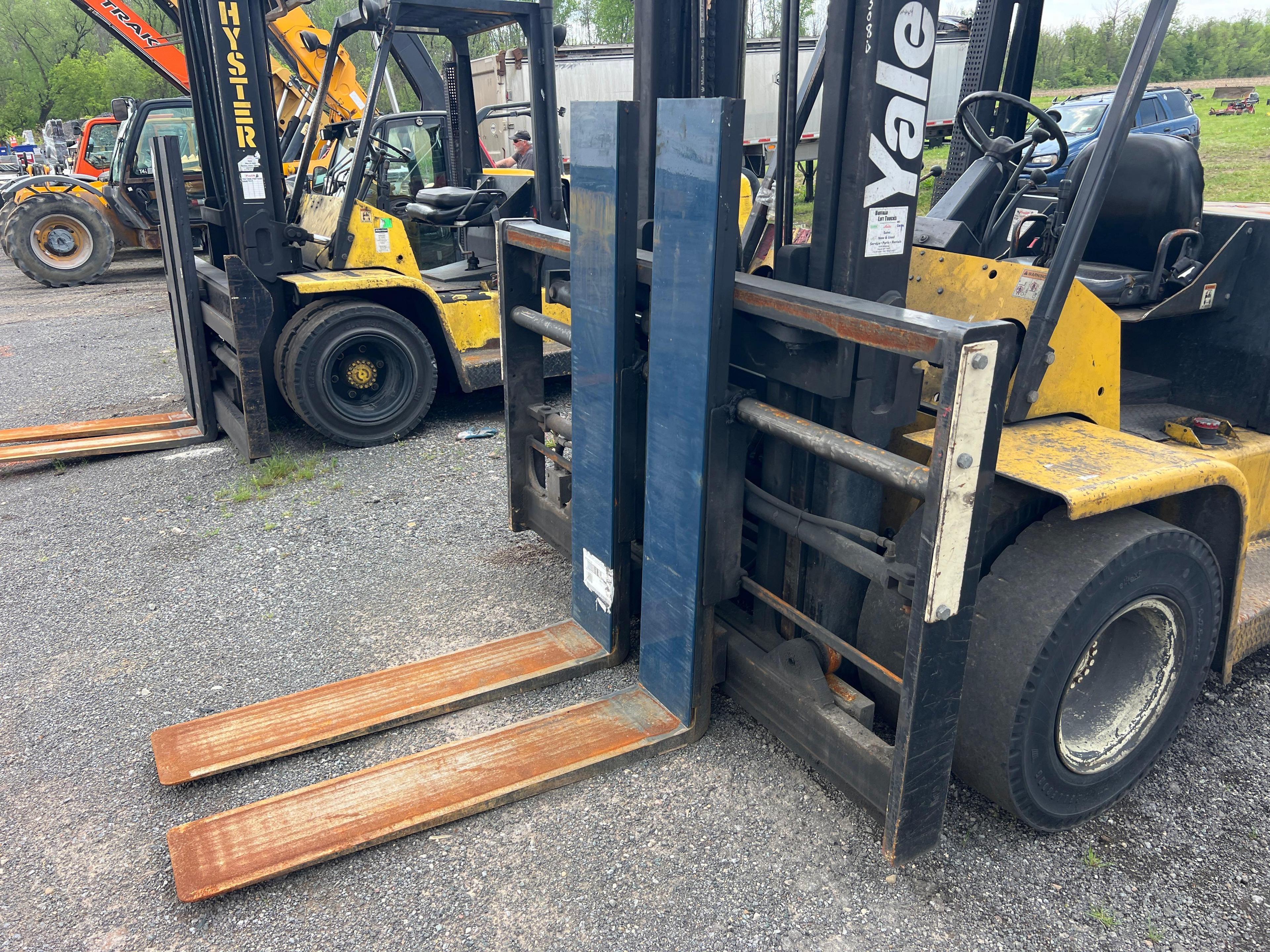 YALE GDP135 FORKLIFT SN:2308D powered by diesel engine, equipped with OROPS, 13,500lb lift capacity.