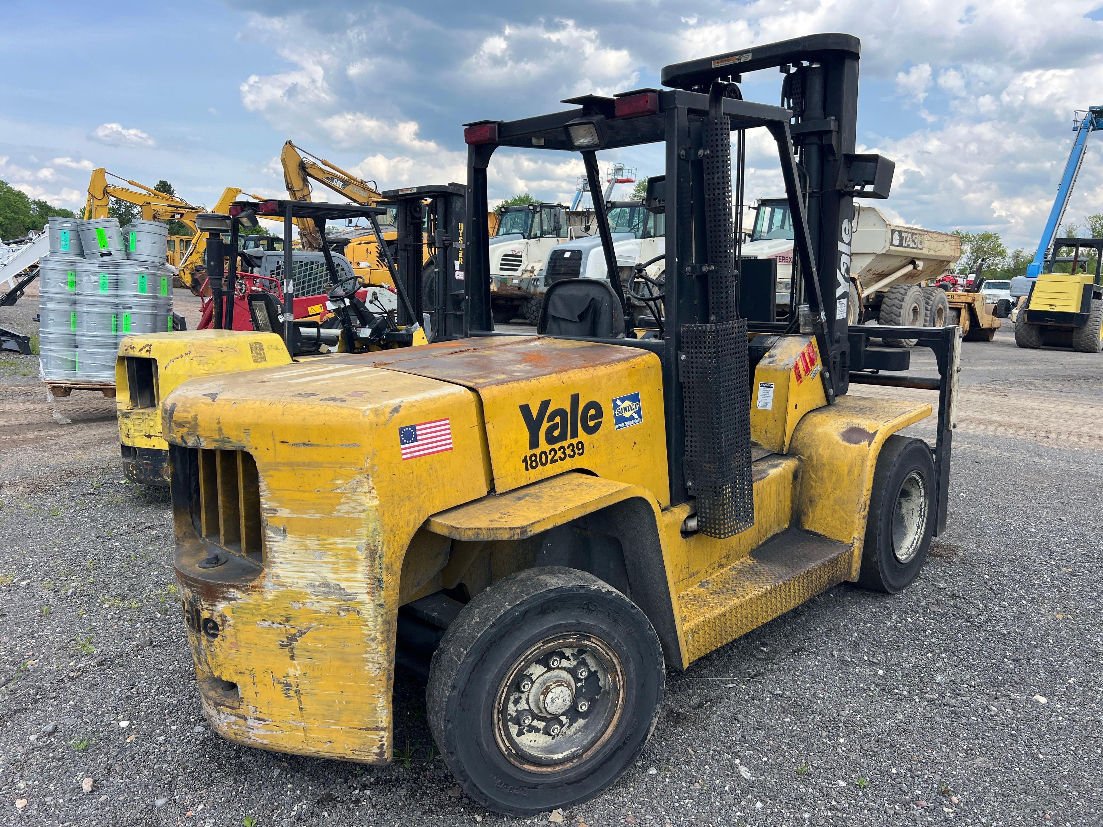 YALE GDP135 FORKLIFT SN:2308D powered by diesel engine, equipped with OROPS, 13,500lb lift capacity.