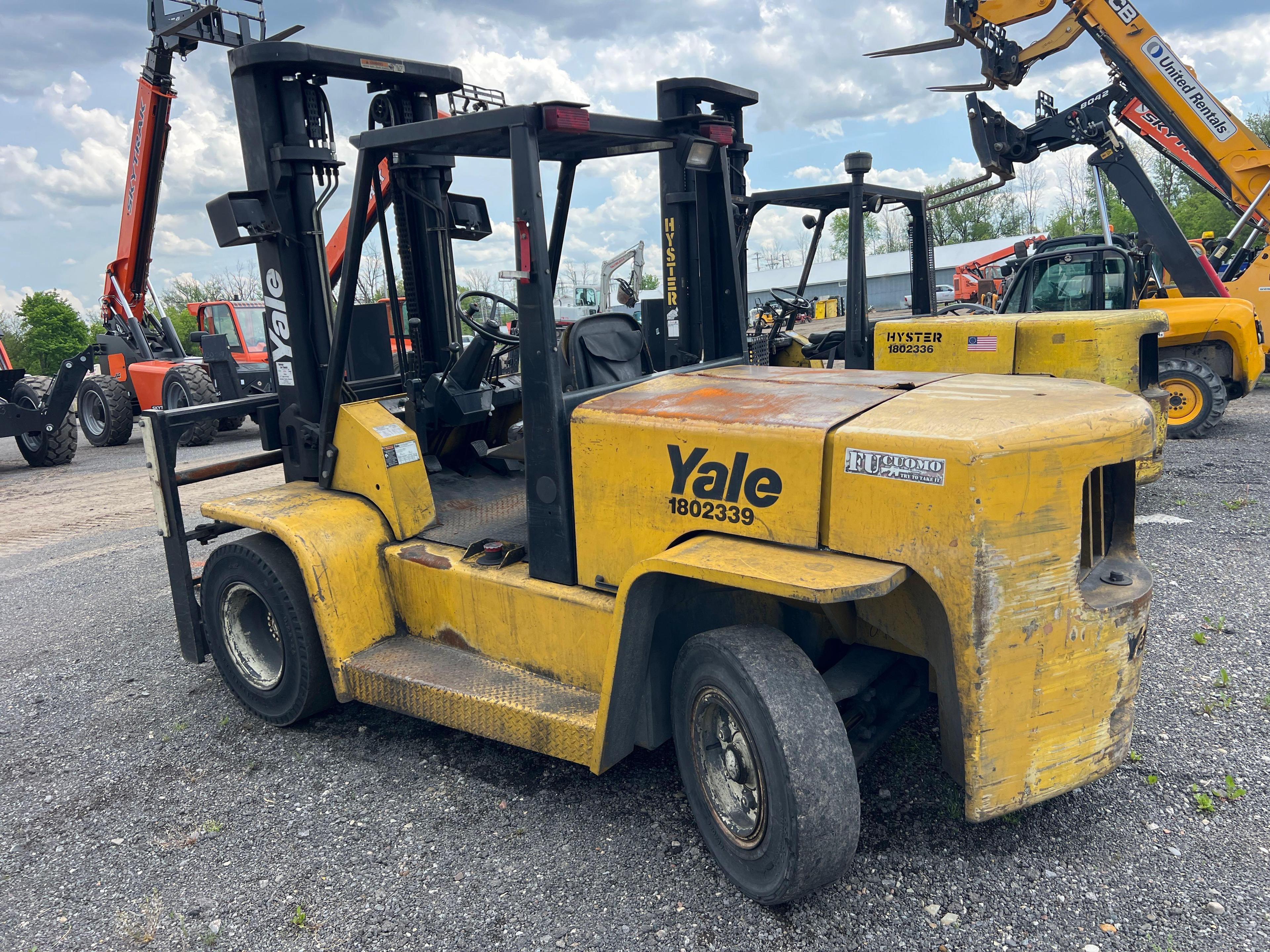 YALE GDP135 FORKLIFT SN:2308D powered by diesel engine, equipped with OROPS, 13,500lb lift capacity.