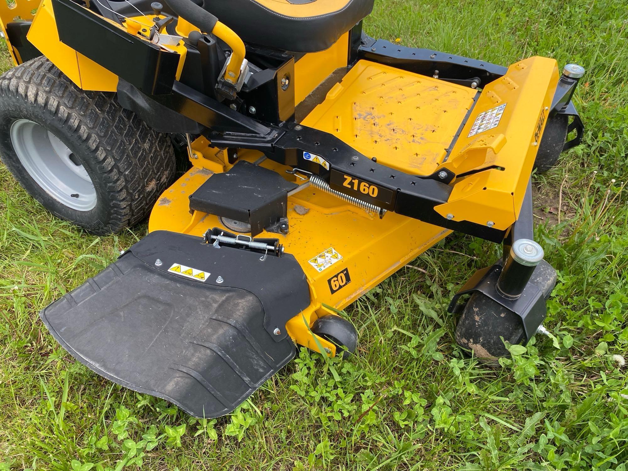 DEWALT Z160 COMMERCIAL MOWER SN:60019 powered by gas engine, equipped with 60in. Cutting deck, zero