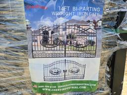 NEW GREATBEAR 14FT. BI-PARTING WROUGHT IRON GATE NEW SUPPORT EQUIPMENT With artwork "Tree" in the