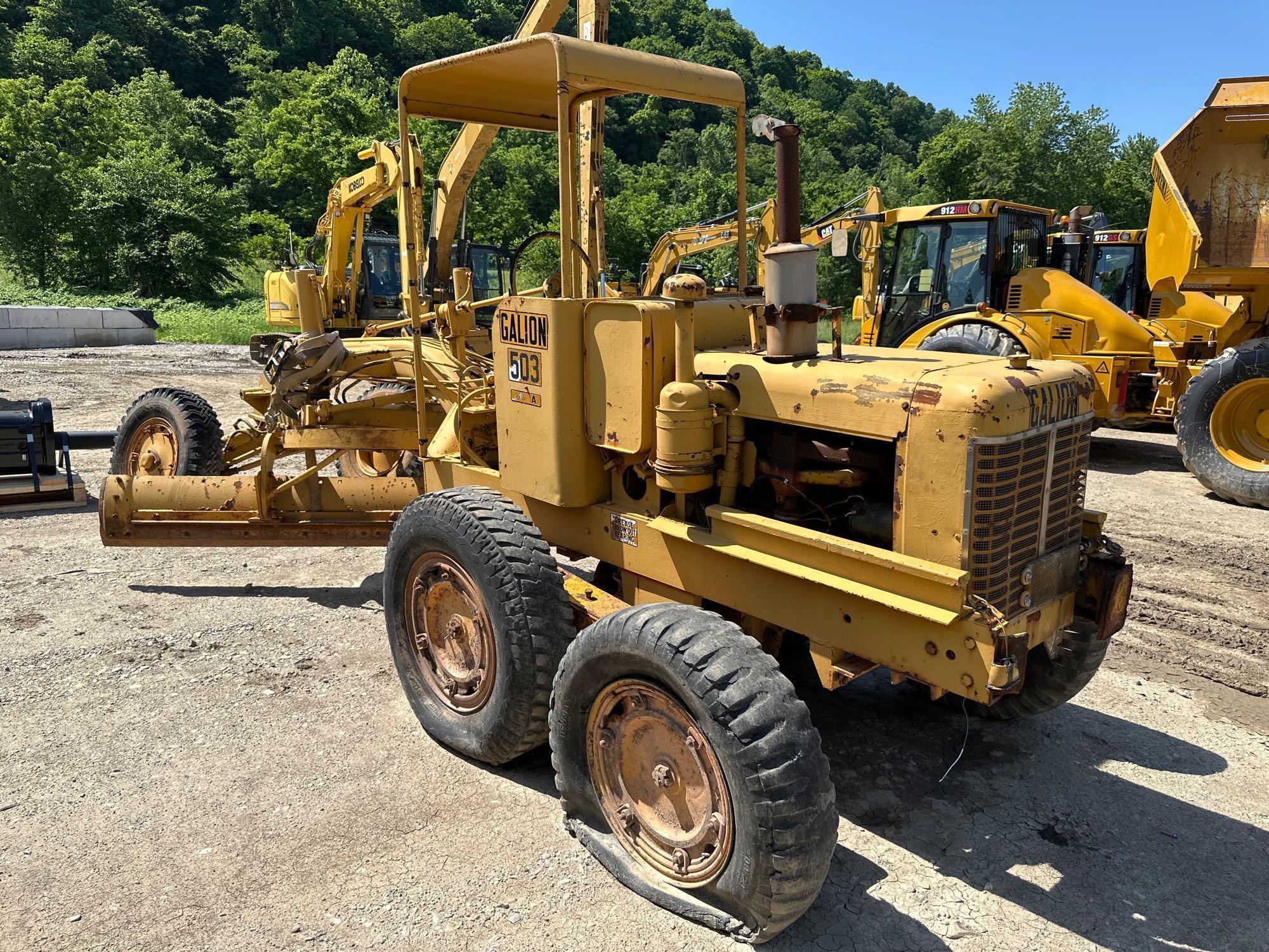 GALION 503 SERIES A MOTOR GRADER SN-NA, powered by gas engine, equipped with OROPS, blade,...9.00-20