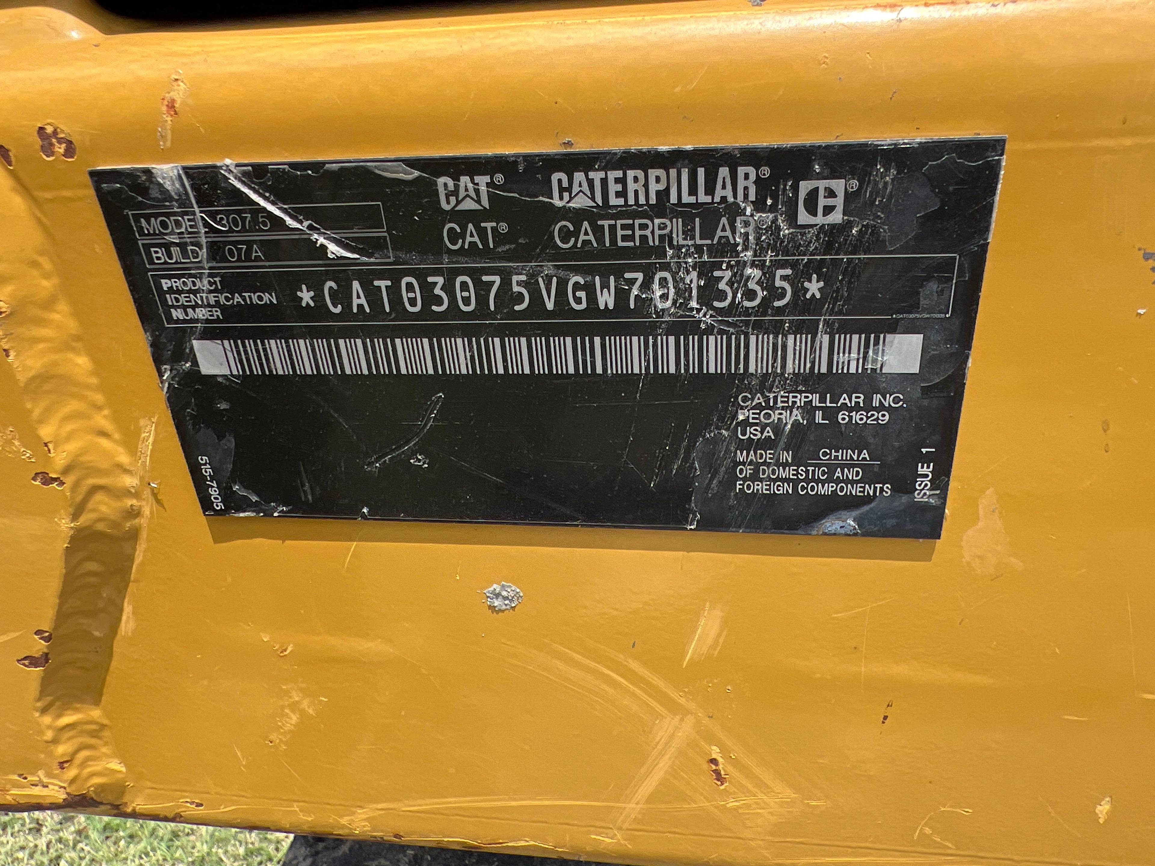 2019 CAT 307.5 HYDRAULIC EXCAVATOR SN:GW701335 powered by Cat diesel engine, equipped with Cab, air,