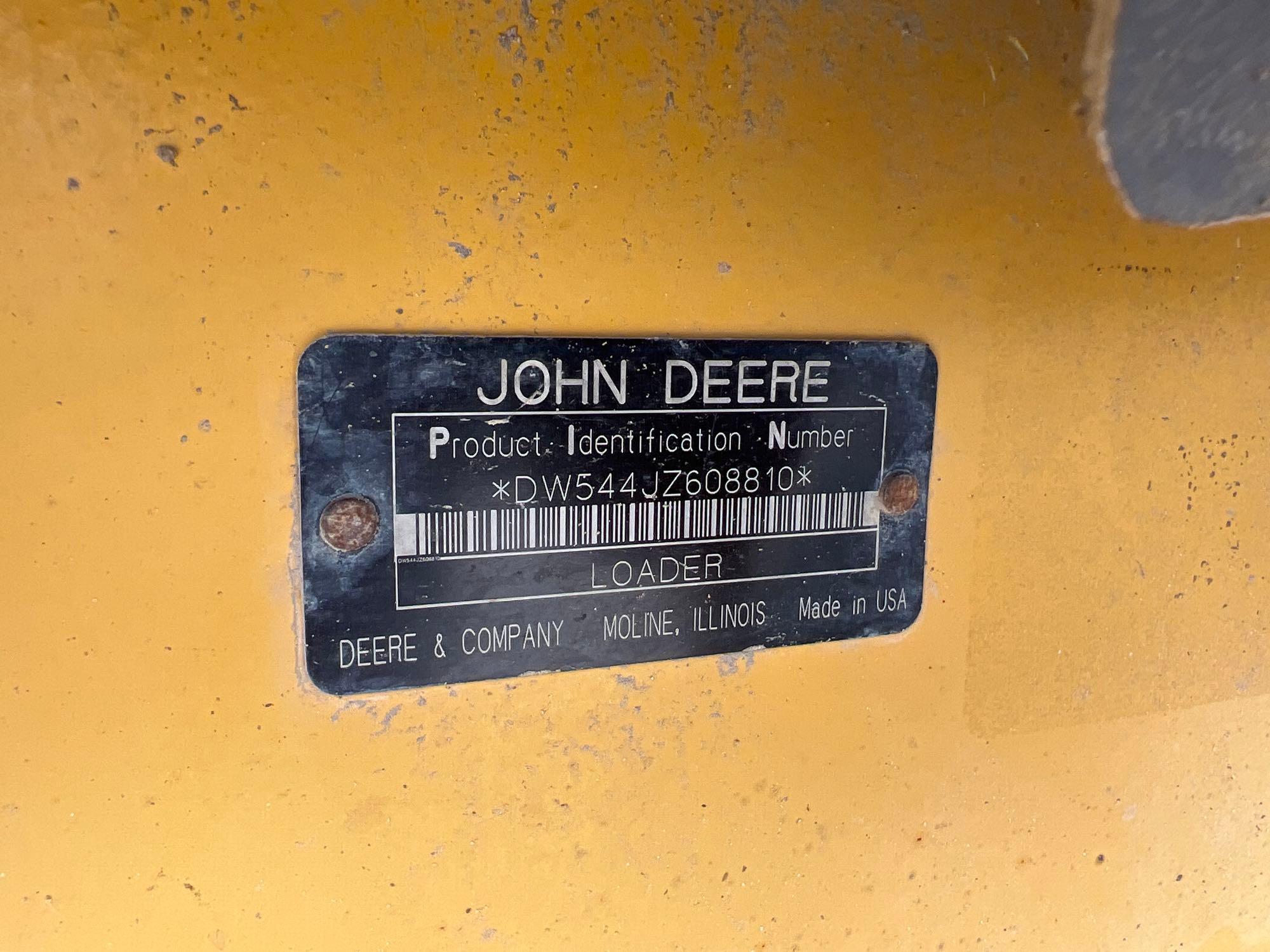 JOHN DEERE 544J RUBBER TIRED LOADER SN:608810 powered by John Deere diesel engine, equipped with