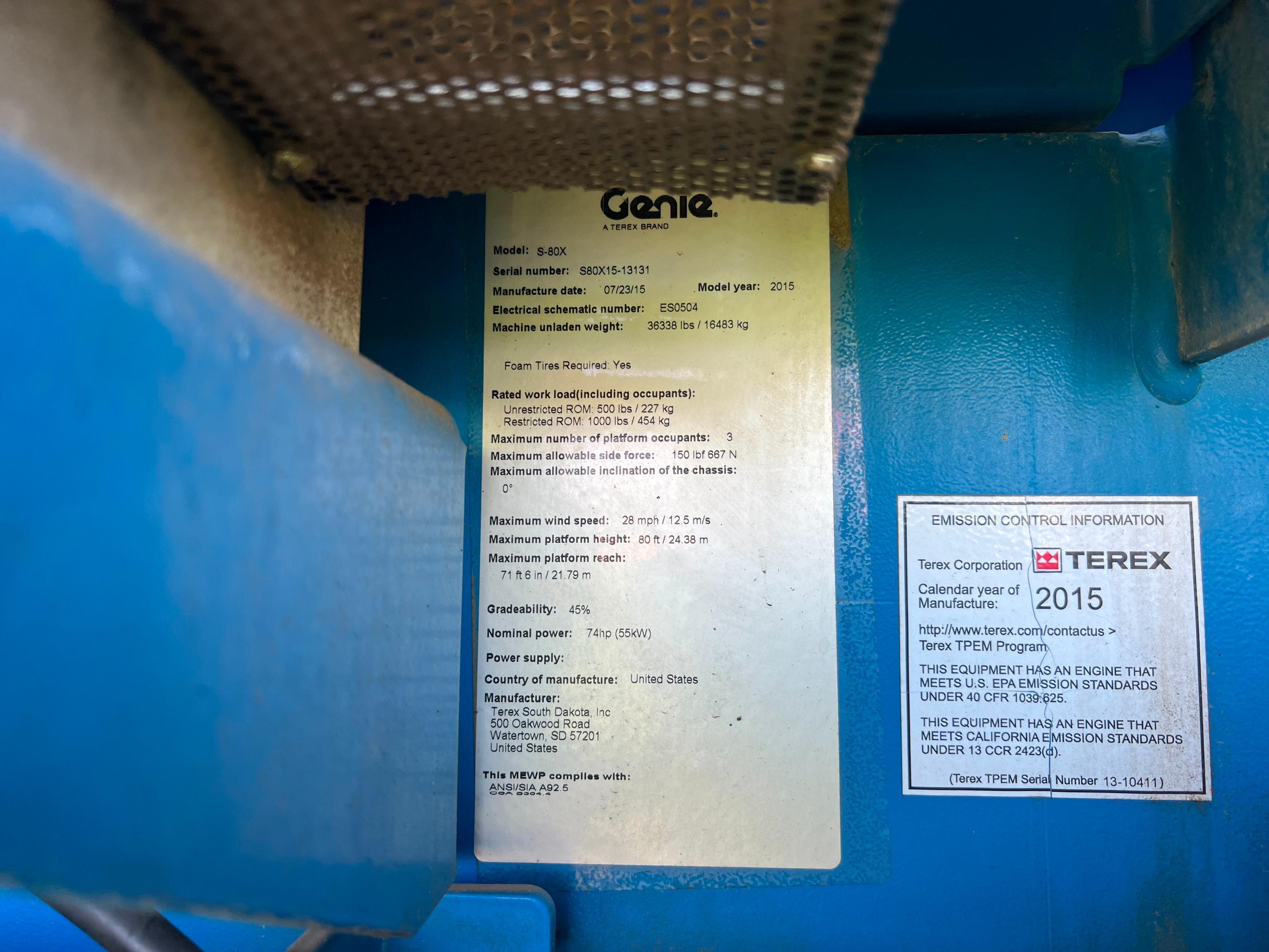 2015 GENIE S-80X BOOM LIFT SN:S80X15-13131 4x4, powered by diesel engine, equipped with 80ft.