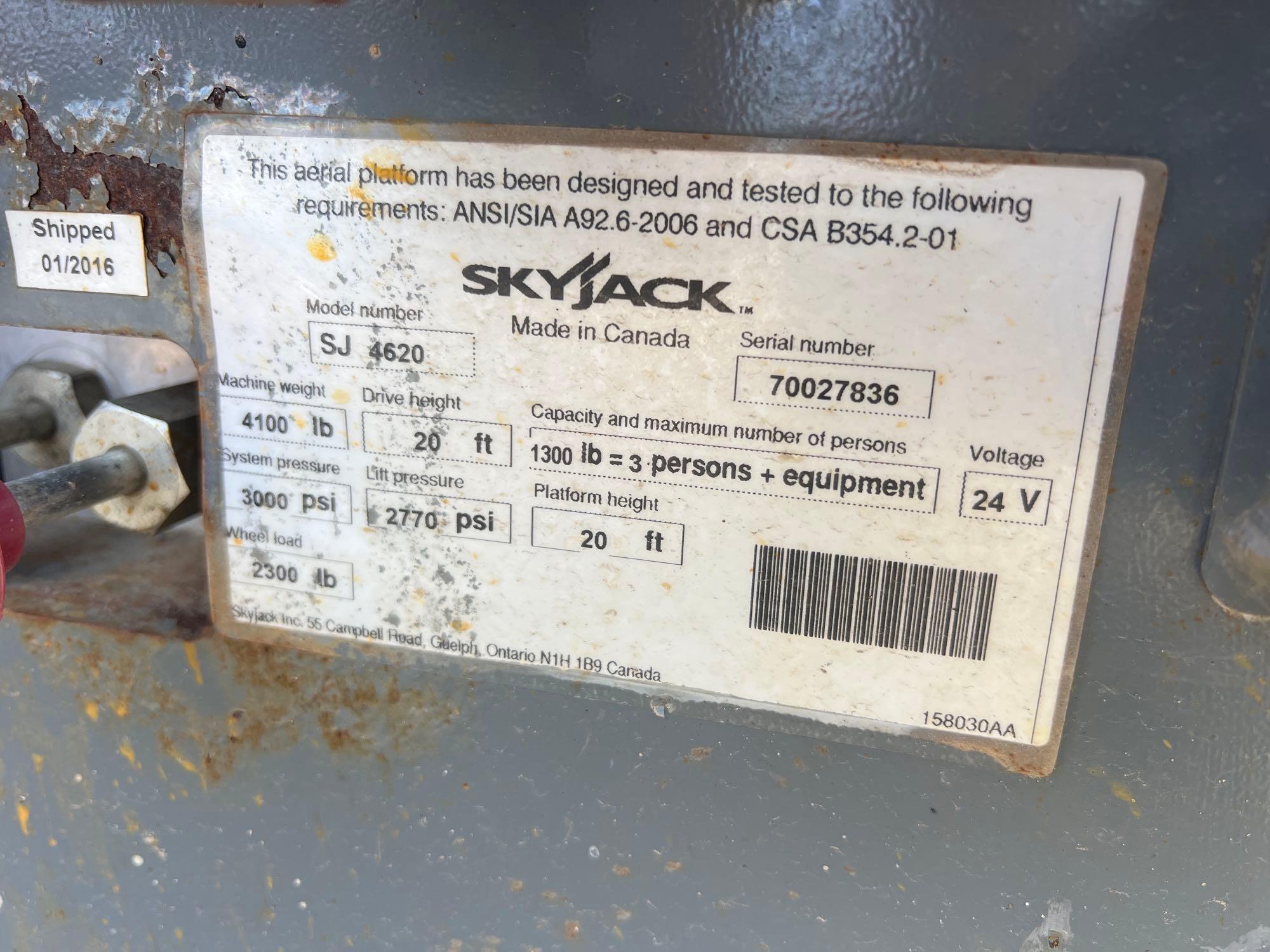 2016 SKYJACK SJIII 4620 SCISSOR LIFT SN:70027836 electric powered, equipped with 20ft. Platform