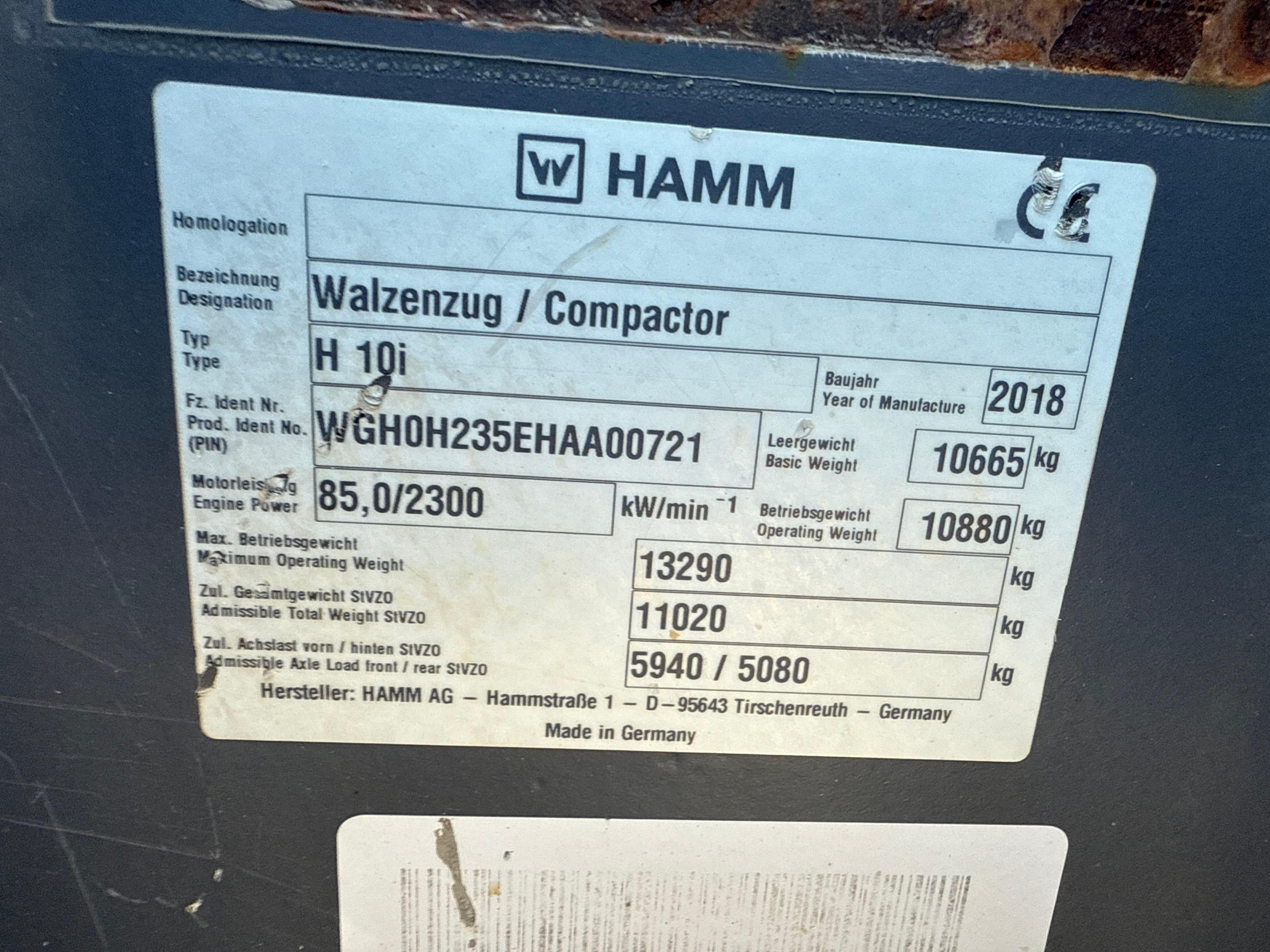 2018 HAMM H10I VIBRATORY ROLLER SN:H2350721 powered by diesel engine, equipped with OROPS, 84in.