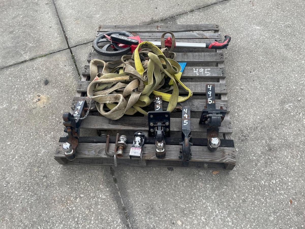 PALLET OF TRUCK HITCHES, BALLS, STRAPS, MEASURING WHEEL