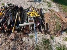 PALLET OF LANDSCAPE TOOLS INCLUDING SHOVELS, BROOMS, RAKES, ETC.