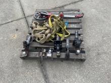 PALLET OF TRUCK HITCHES, BALLS, STRAPS, MEASURING WHEEL