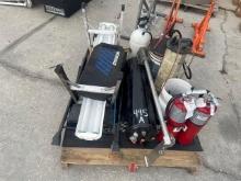 PALLET OF FIRE EXTINGUISHERS, AIR TANK, LIGHT, STEP