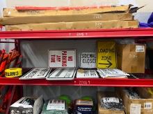 SHELF OF TRAFFIC CONTROL SIGNS (NO PARKING, SIDE WALK CLOSED, LADING ZONE & LOOSE GRAVEL) SUPPORT