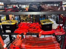 SHELF OF TRAFFIC CONTROL FLAGS (UTILITY WORK AHEAD) & (2) PLASTIC BINS SUPPORT EQUIPMENT