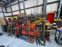 EVERYTHING AGAINST WALL: BROOMS, SHOVELS, RAKE, PRY BARS, HOOK BARS, POST HOLD DIGGER, BULL FLOATS,