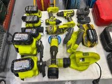 RYOBI CORDLESS 18V POWER TOOLS: LIGHTS, ANGLE, GRINDER, BLOWER, 5.5IN. CIRCULAR SAW, IMPACT WRENCH,
