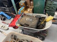 WHEELBARROW & CONTENTS: SOCKETS, WRENCHES, HAMMERS, TAPE MEASURES, RATCHETS TAPE, MISC. SUPPORT