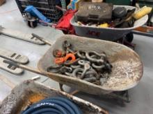 WHEELBARROW & CONTENTS: CLEVES, CLAMPS, MISC. SUPPORT EQUIPMENT