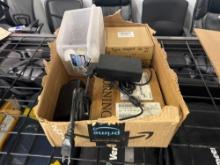 BOX OF MISC: EXFO OTDR POWER ADAPTERS, POWER CORDS, MISC SUPPORT EQUIPMENT