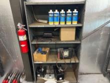 (4) SHELF STEEL RACK WITH CONTENTS: MISC PARTS, (5) 1 QUART CONTAINERS OF IDEAL WIRE PULLING