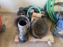 PALLET OF WATER, SEWER CAPS, PIPE FITTINGS, various sizes