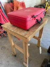 HOMEMADE WOOD WORKBENCH equipped with partial REED MANUAL PIPE THREADING SET, assorted dies.