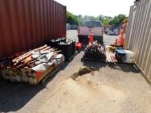Lot of assorted safety cones, Zephyr stands, caution signs, caution plastic fencing, sand bags, (2)