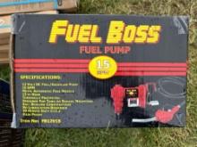 NEW FUEL BOSS 12 V PORTABLE DIESEL TRANSFER PUMP, W/ 12 FT HOSE AND NOZZLE -- 15 GPM NEW SUPPORT