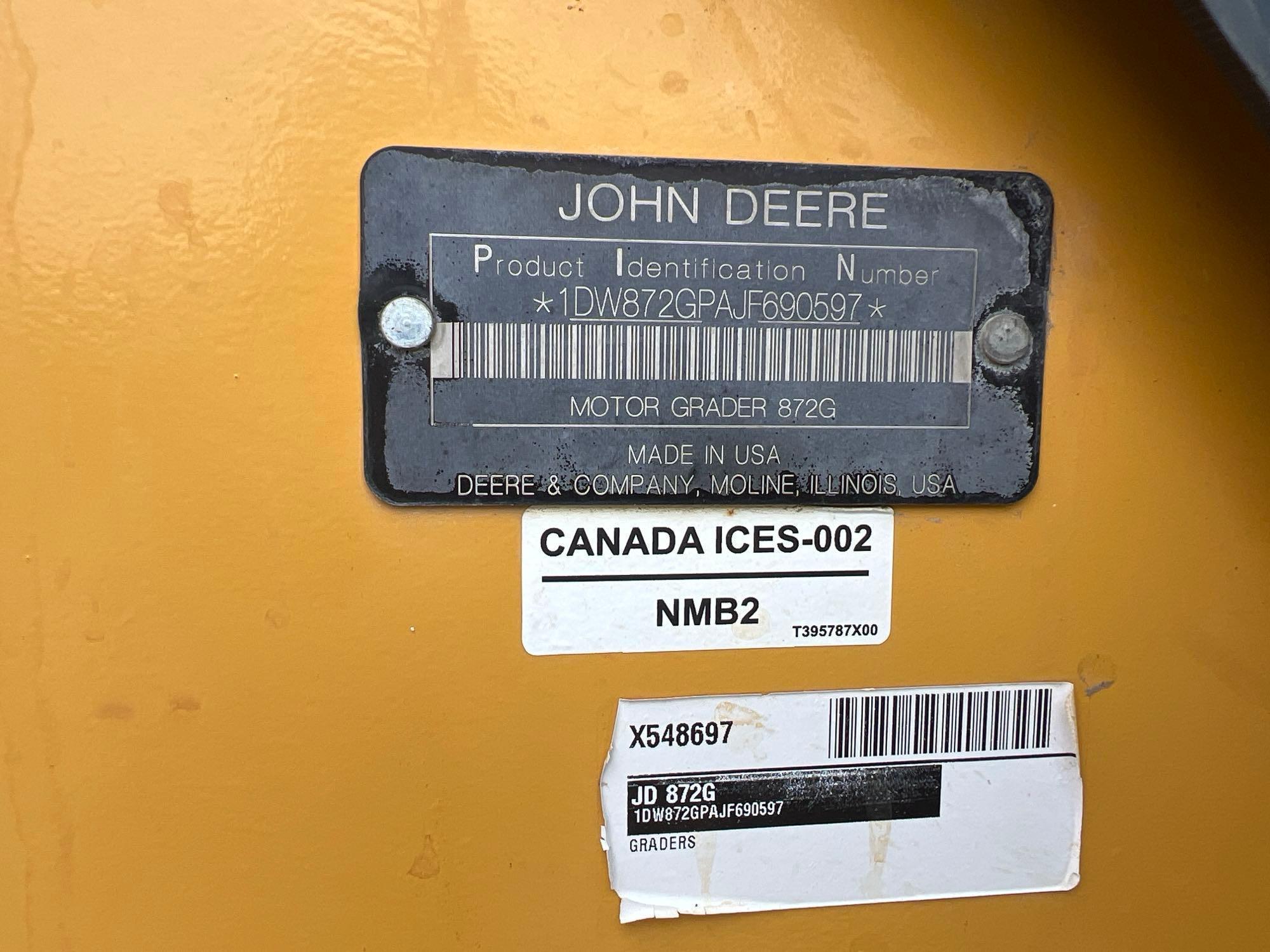 2019 JOHN DEERE 872GP MOTOR GRADER SN:690597 powered by John Deere diesel engine, equipped with