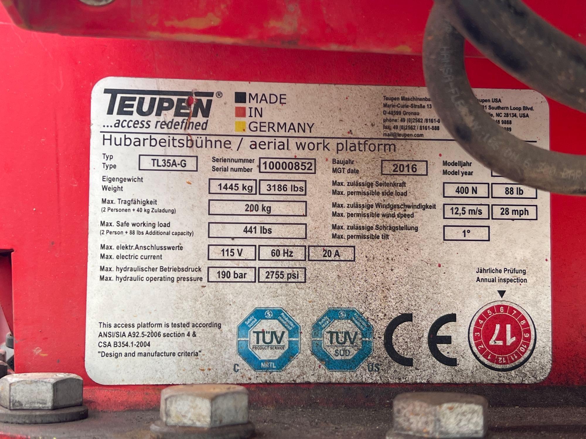 TEUPEN TL35A TRACKED BOOM LIFT SN:852 electric powered, equipped with 35ft. Platform height,